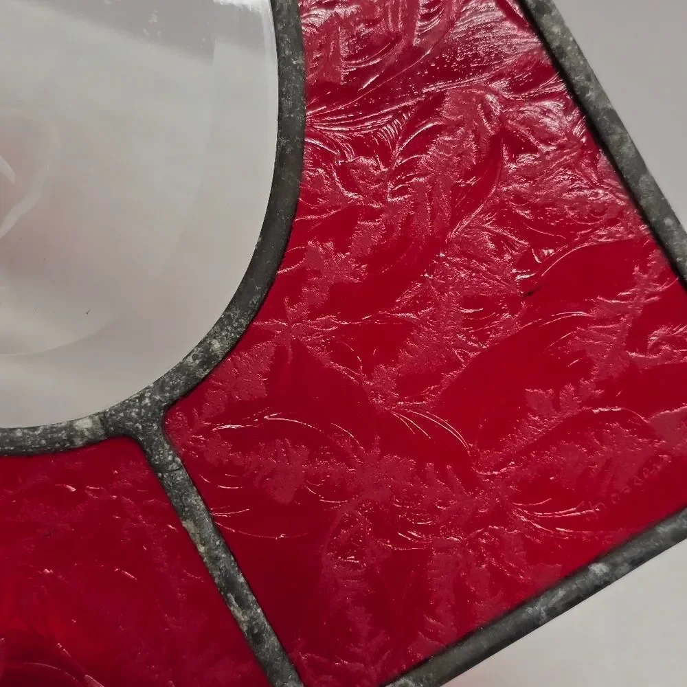 Vintage MCM Stained Glass Red And Clear Rose Suncatcher Window Panel